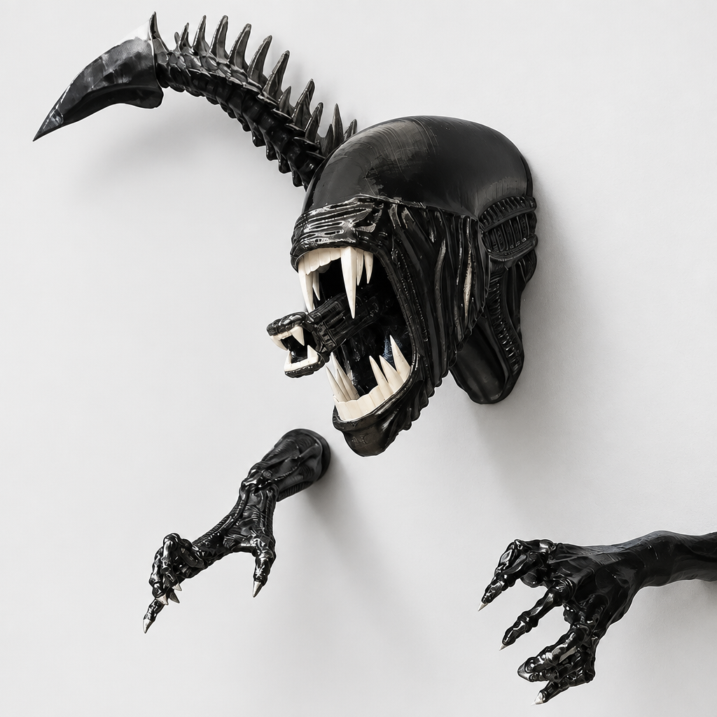 Chrysalis black alien xenomorph wall sculpture studio shot showing head, spine and clawed hands