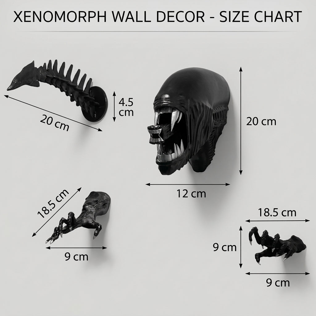 Chrysalis xenomorph wall decor size chart: head 20x12cm, spine 20x4.5cm, hand pieces 18.5x9cm each