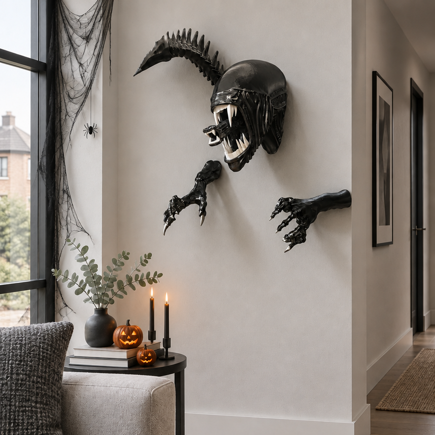 Chrysalis black alien xenomorph wall sculpture in a modern living room styled with jack-o'-lantern pumpkins, black taper candles, and spiderweb for Halloween