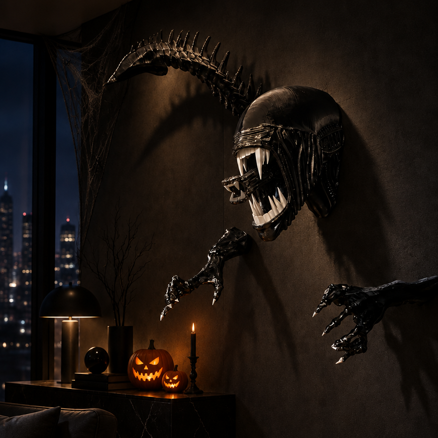 Chrysalis black alien xenomorph wall sculpture in a moody night city-view room styled with glowing jack-o'-lantern pumpkins and candle for Halloween