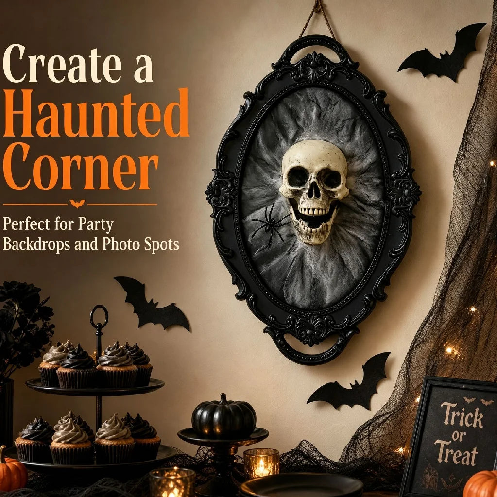 Cinder ornate gothic skull wall plaque hanging in a haunted corner display, Black colour with web and spider backdrop