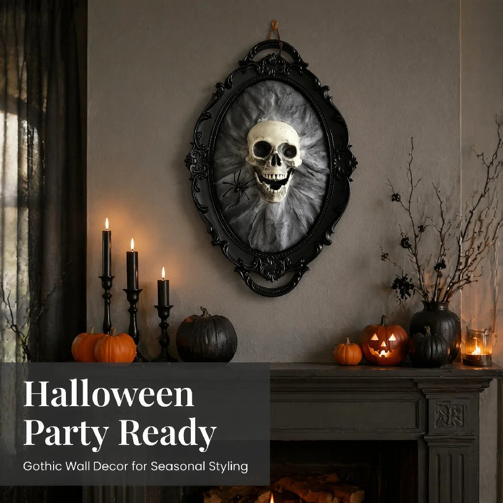 Cinder gothic skull wall plaque hanging above a Halloween mantelpiece with candles and pumpkins
