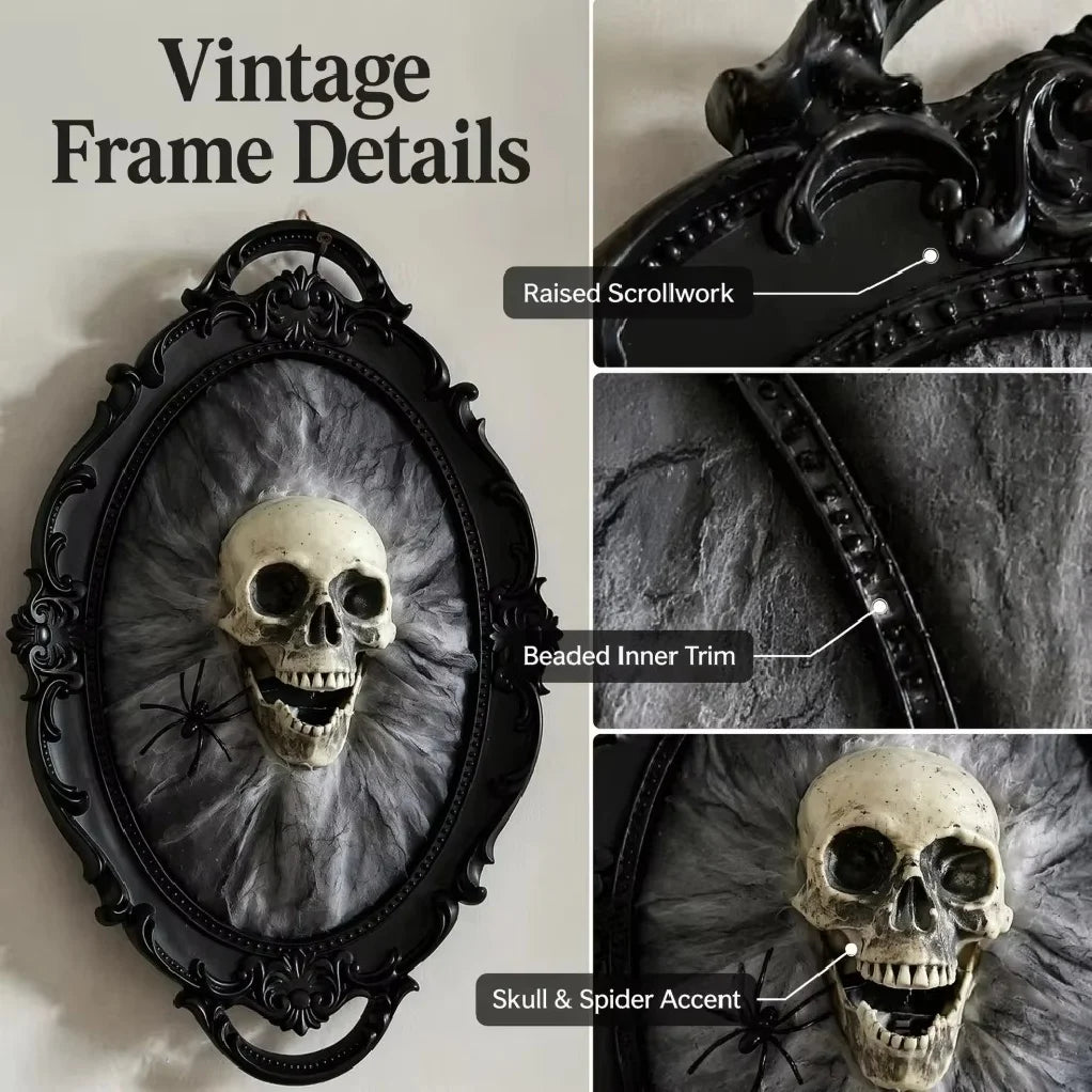 Cinder gothic skull wall plaque detail shot showing raised scrollwork, beaded inner trim and skull and spider accent