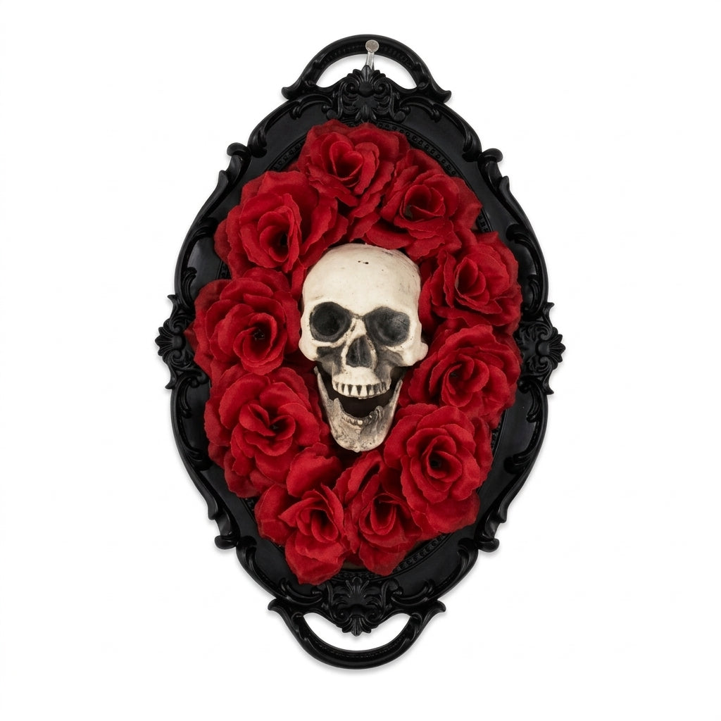 Cinder ornate gothic skull wall plaque, Red colour with red rose wreath backdrop