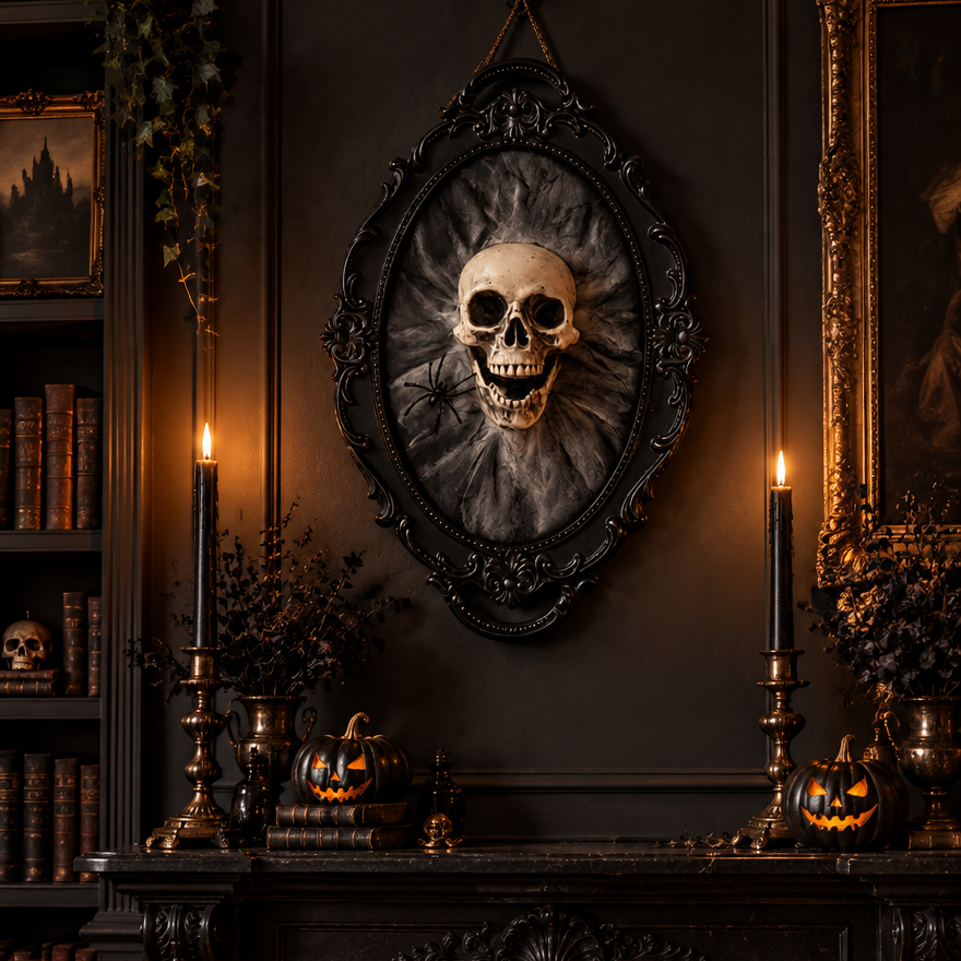 Cinder gothic skull wall plaque above a candlelit Halloween mantelpiece