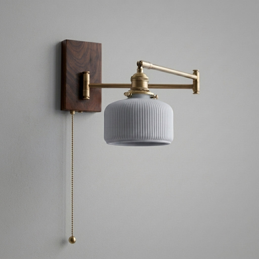 Cizqa walnut and copper swing arm wall light with ribbed ceramic shade and pull chain switch