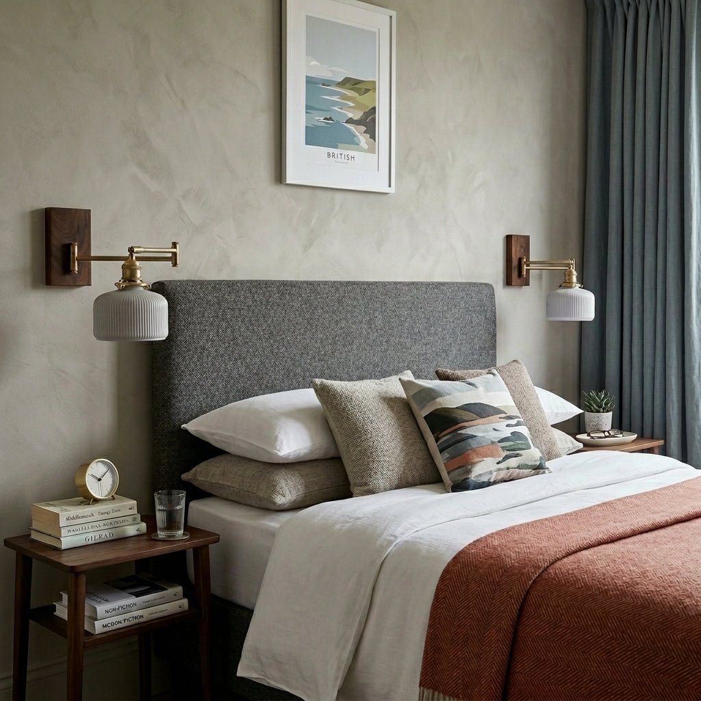 Cizqa wall light mounted above a bed in a bedroom with framed artwork