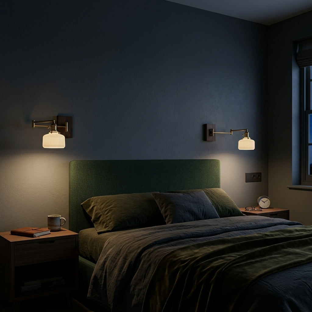 Cizqa wall light illuminated above a bed in a dark, moody bedroom