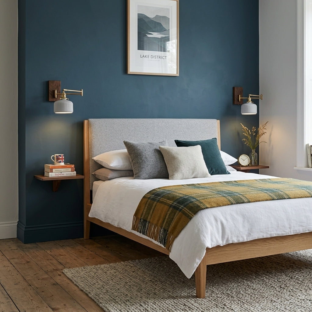 Cizqa wall light mounted above a bed in a bedroom with dark blue walls