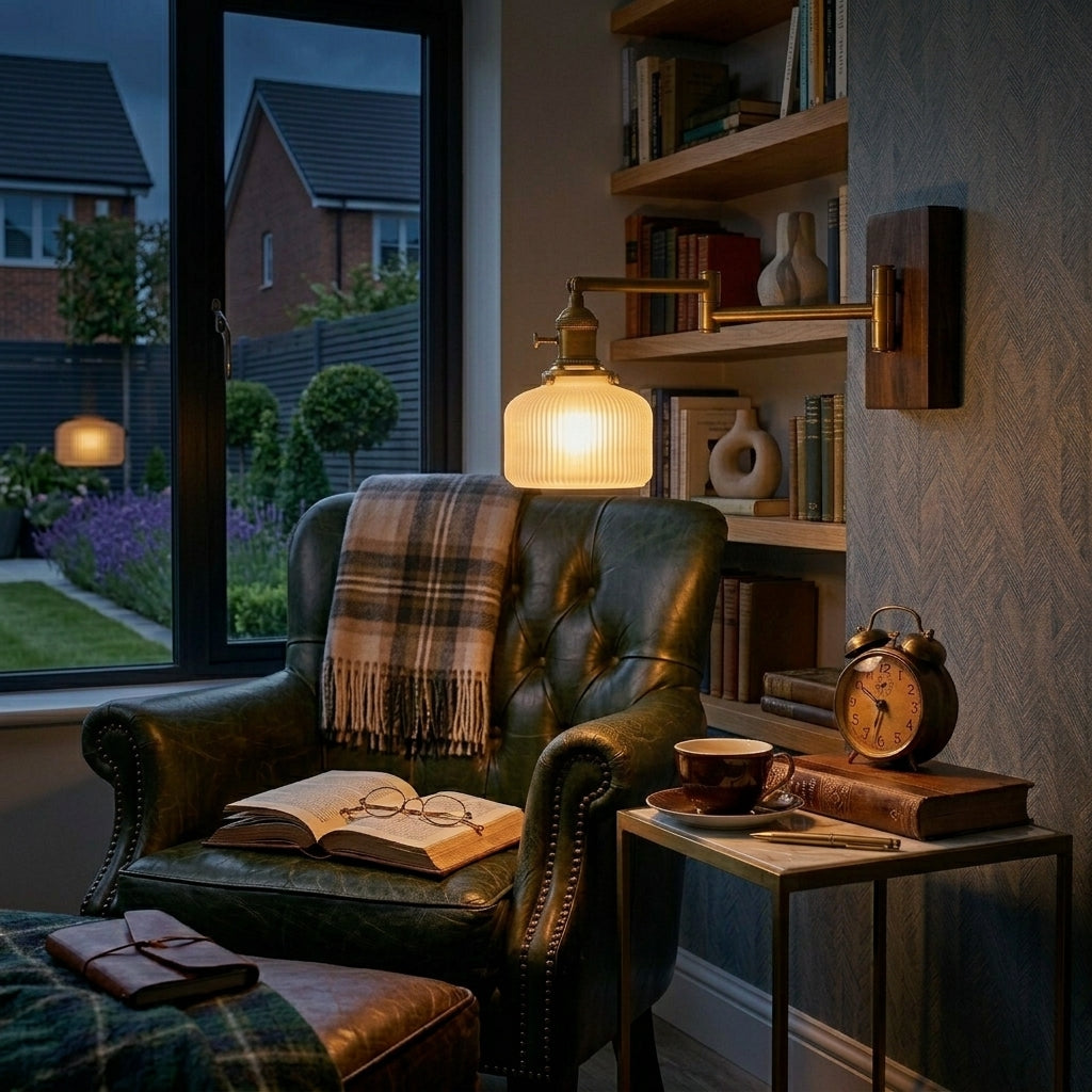 Cizqa wall light illuminated above an armchair in a living room reading nook