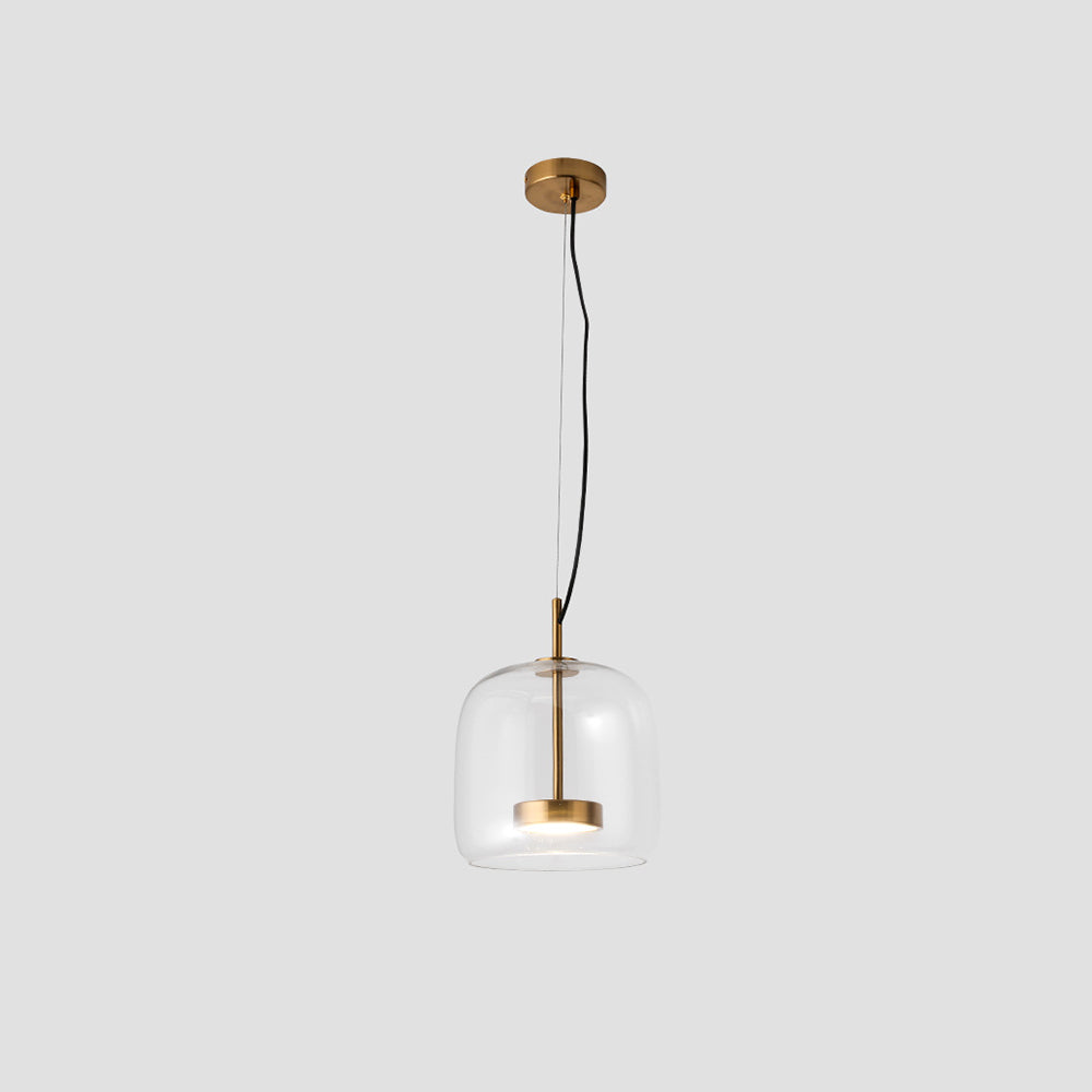 Clear glass double-layer cylinder pendant light isolated against a light grey background
