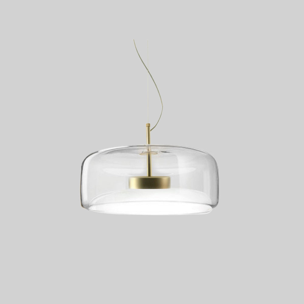 Wide clear glass contemporary pendant light featuring a translucent double-layer design