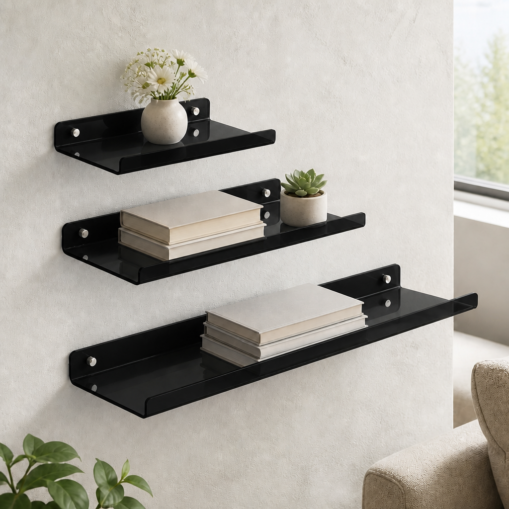 Cleft acrylic floating wall shelf, Black, Set of 3 staggered gallery arrangement