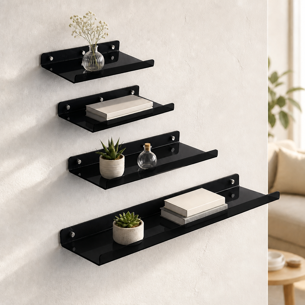 Cleft acrylic floating wall shelf, Black, Set of 4 staggered gallery arrangement