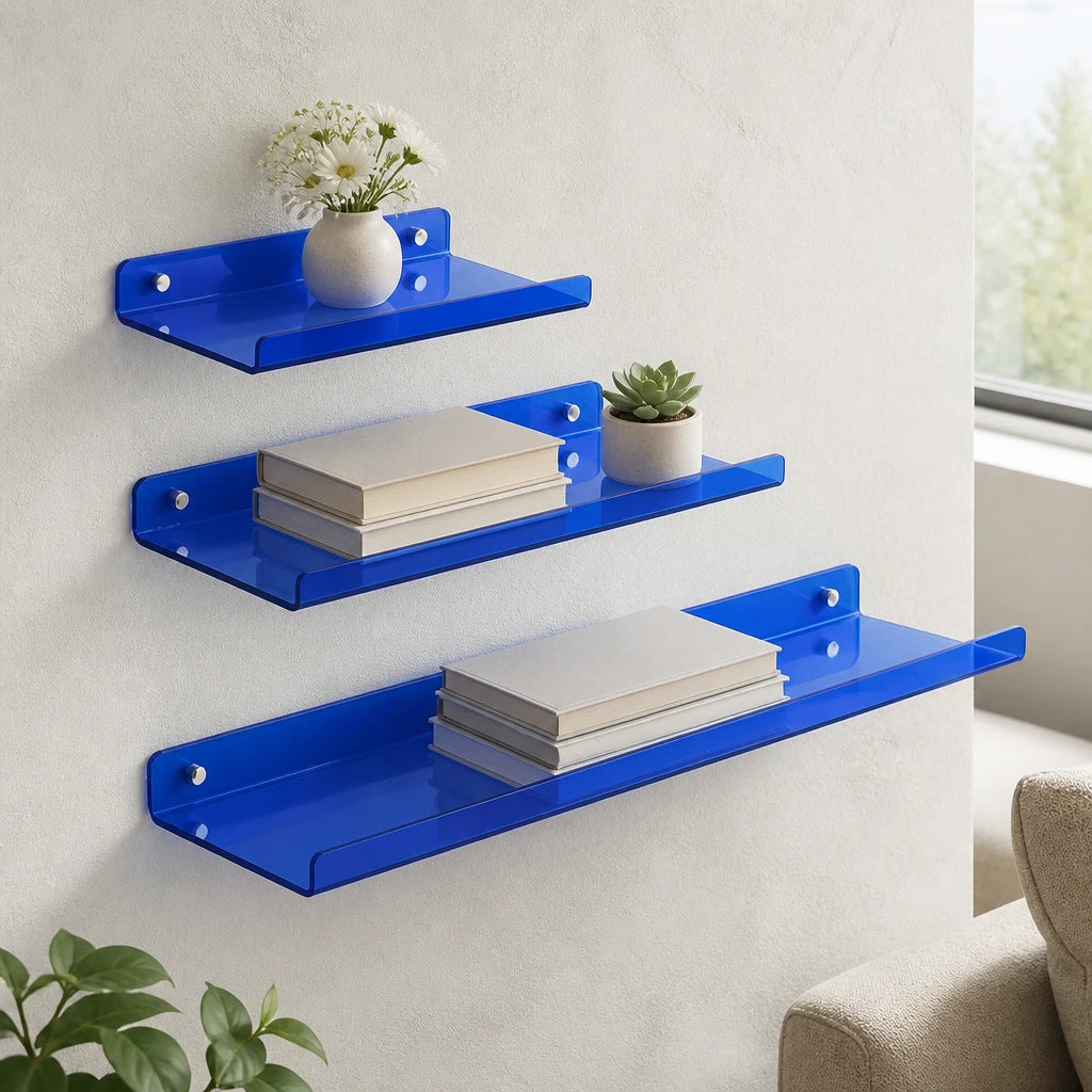 Cleft acrylic floating wall shelf, Blue, Set of 3 staggered gallery arrangement