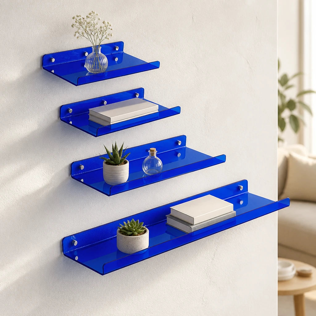 Cleft acrylic floating wall shelf, Blue, Set of 4 staggered gallery arrangement