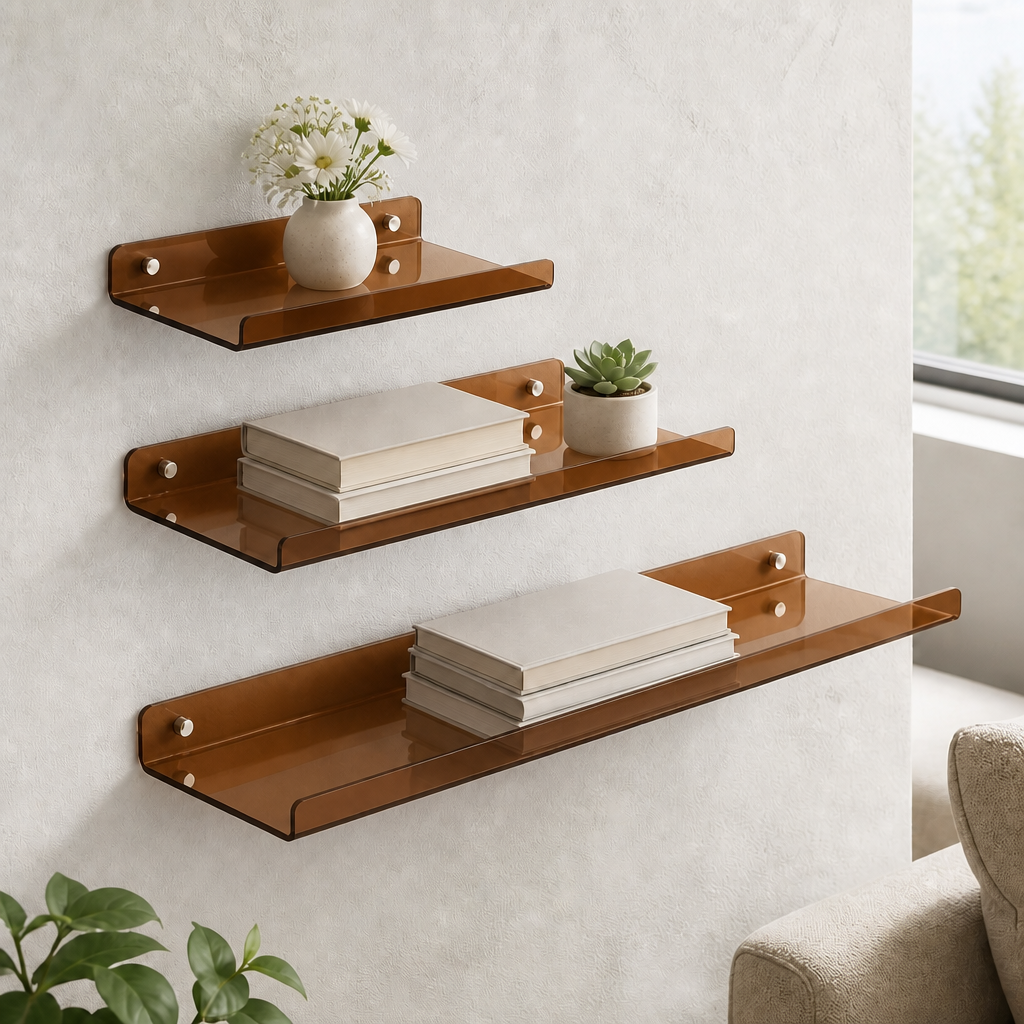 Cleft acrylic floating wall shelf, Brown, Set of 3 staggered gallery arrangement