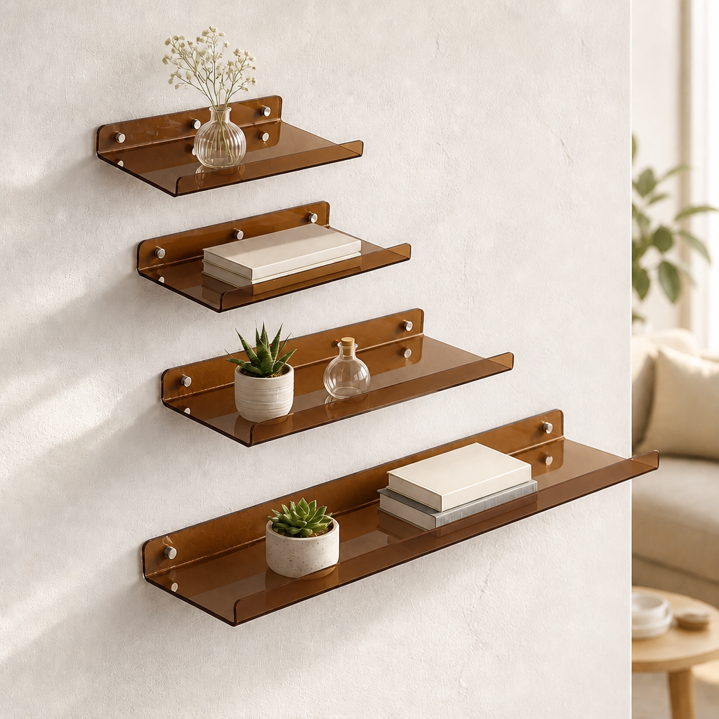 Cleft acrylic floating wall shelf, Brown, Set of 4 staggered gallery arrangement