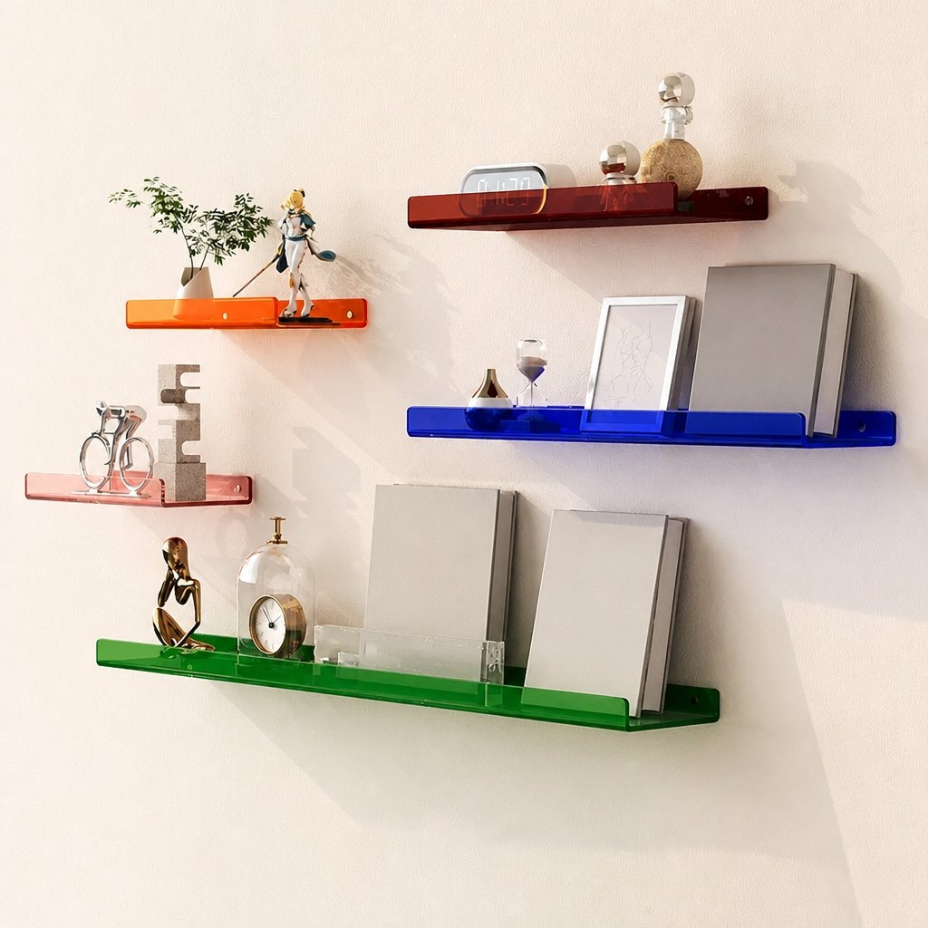 Cleft acrylic floating wall shelves shown across the full colour range, orange, red, green, blue and pink