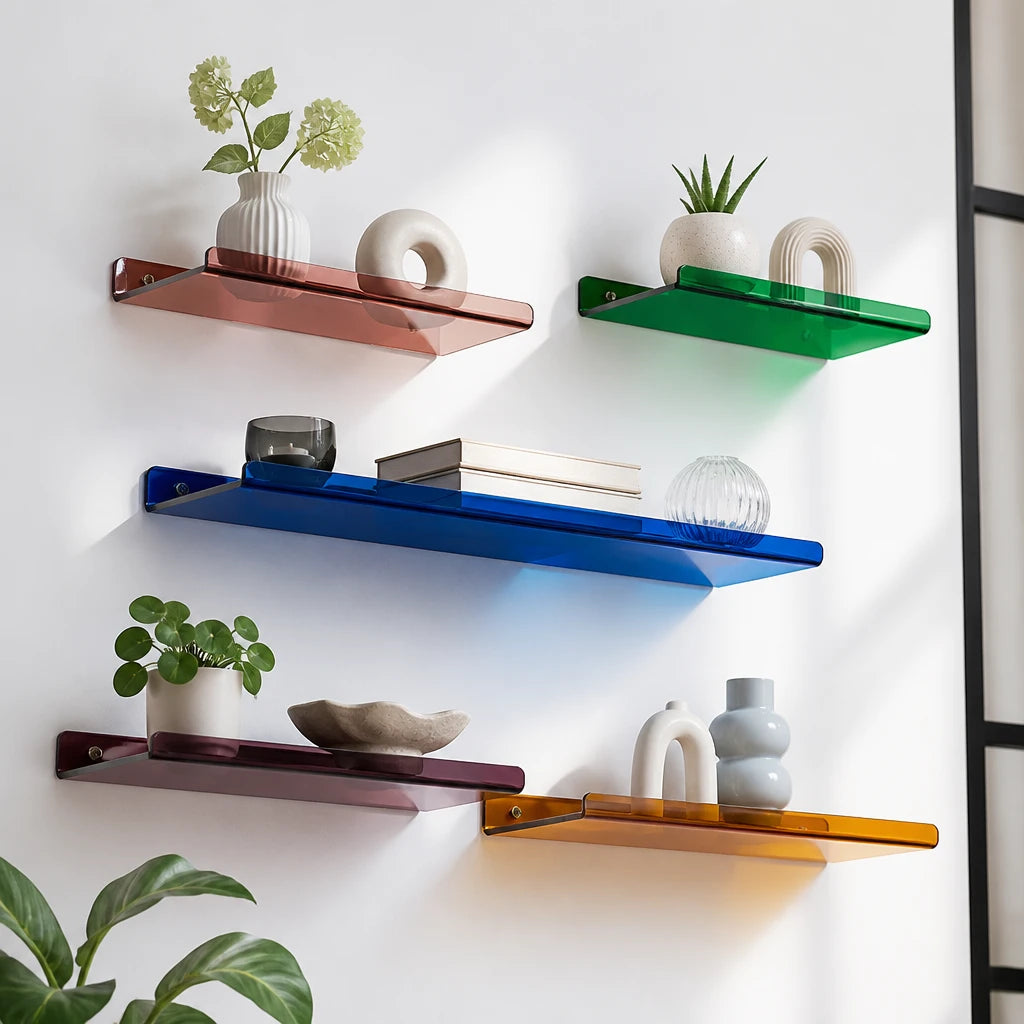 Cleft acrylic floating wall shelves shown across the full colour range, pink, green, blue, purple and orange