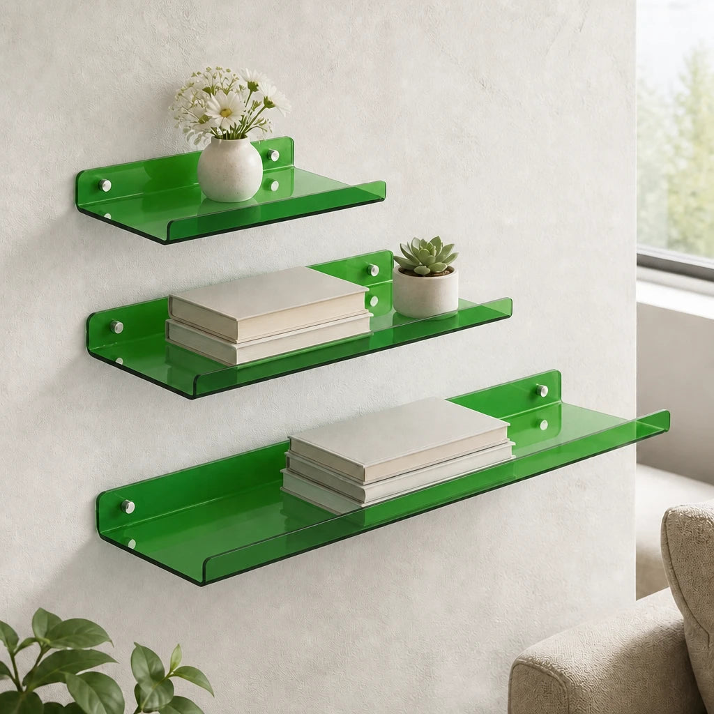 Cleft acrylic floating wall shelf, Green, Set of 3 staggered gallery arrangement