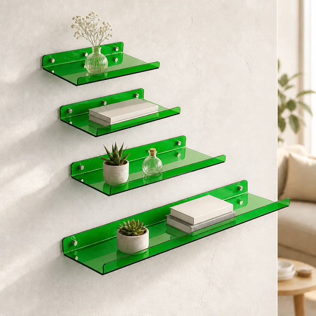 Cleft acrylic floating wall shelf, Green, Set of 4 staggered gallery arrangement
