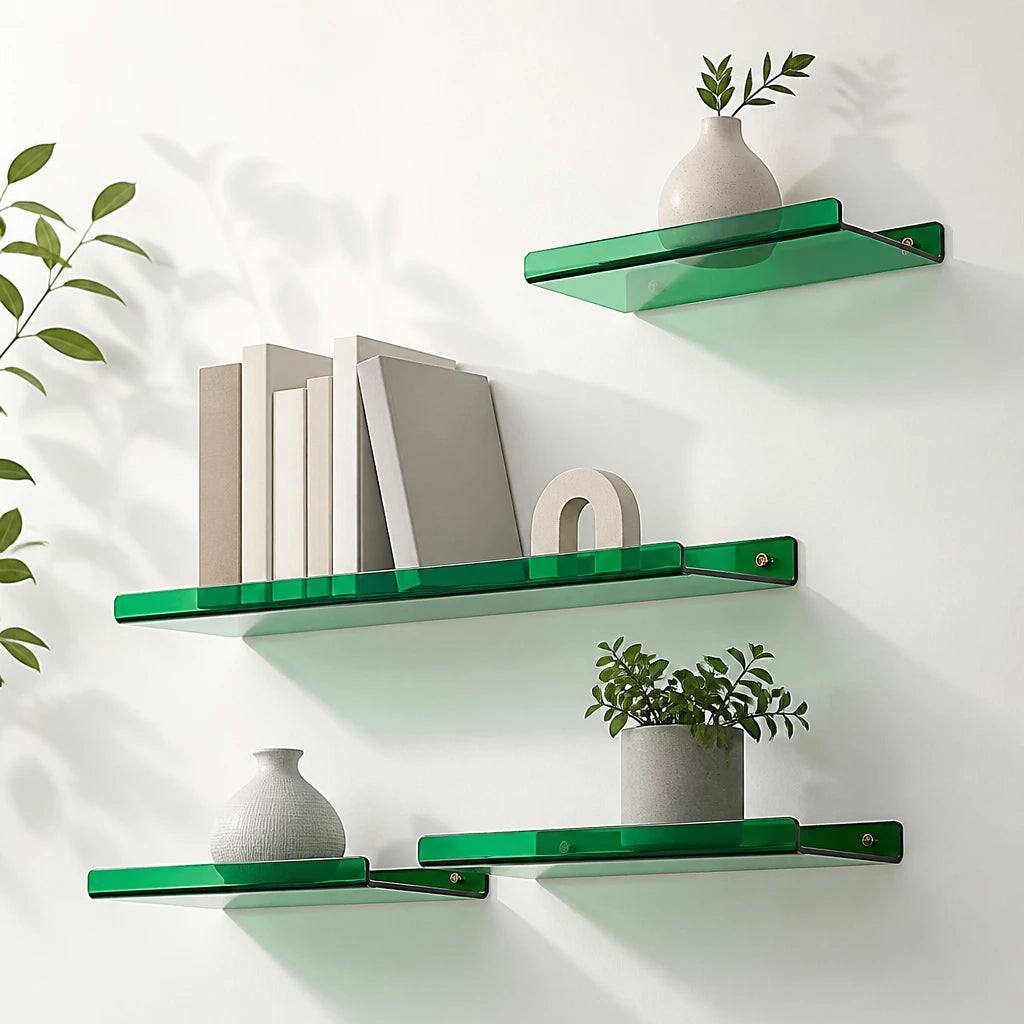 Cleft acrylic floating wall shelf, Green, Set of 4 staggered gallery arrangement