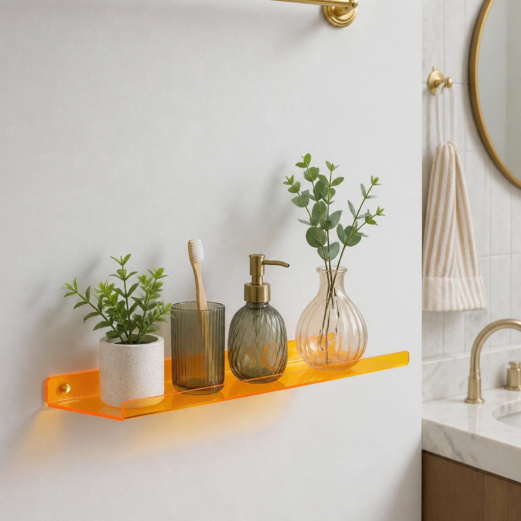 Cleft acrylic floating wall shelf, Orange, single shelf styled in a bathroom