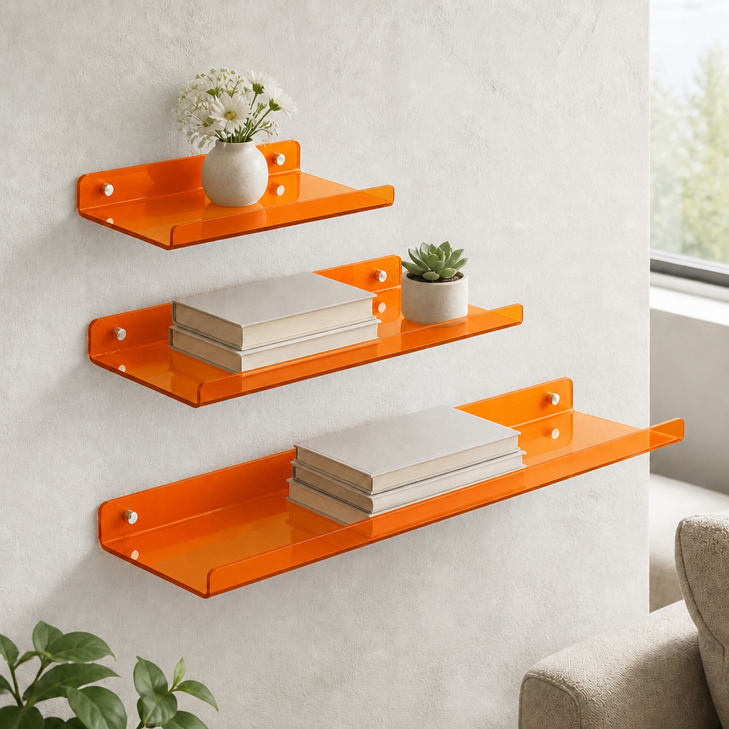 Cleft acrylic floating wall shelf, Orange, Set of 3 staggered gallery arrangement