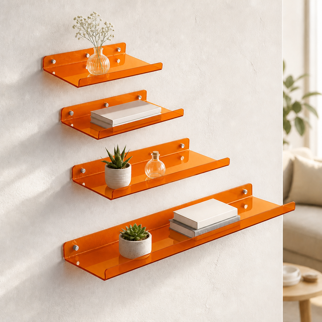Cleft acrylic floating wall shelf, Orange, Set of 4 staggered gallery arrangement