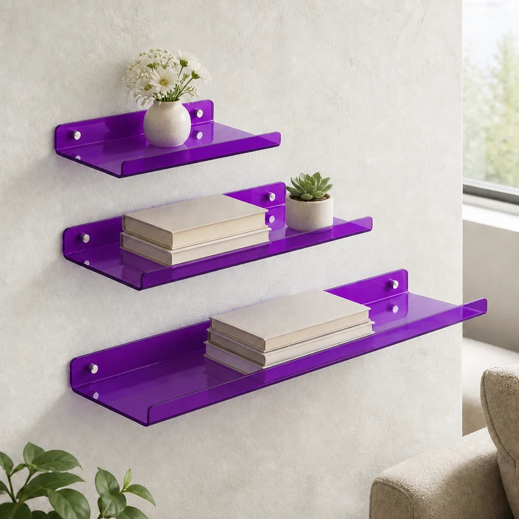 Cleft acrylic floating wall shelf, Purple, Set of 3 staggered gallery arrangement