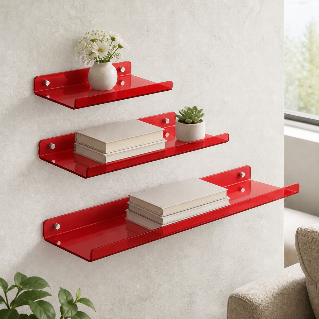 Cleft acrylic floating wall shelf, Red, Set of 3 staggered gallery arrangement