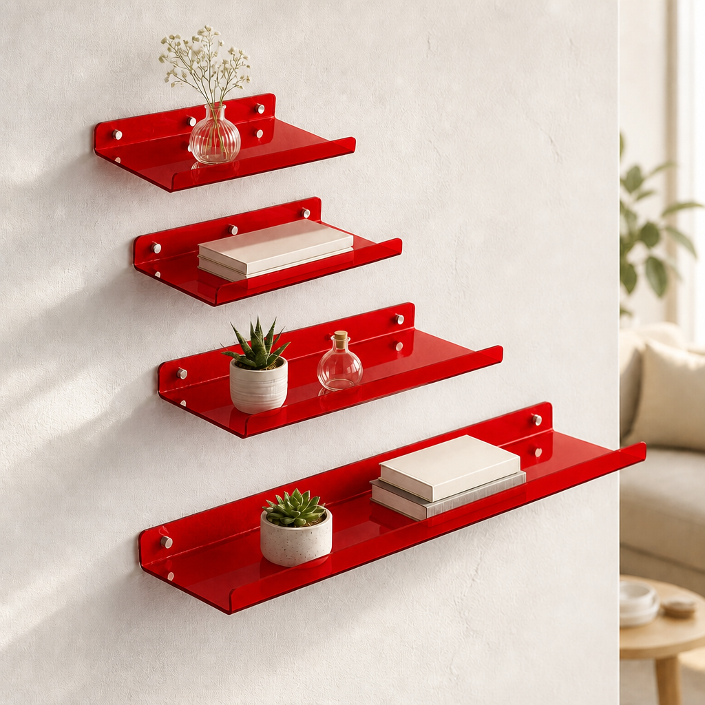 Cleft acrylic floating wall shelf, Red, Set of 4 staggered gallery arrangement