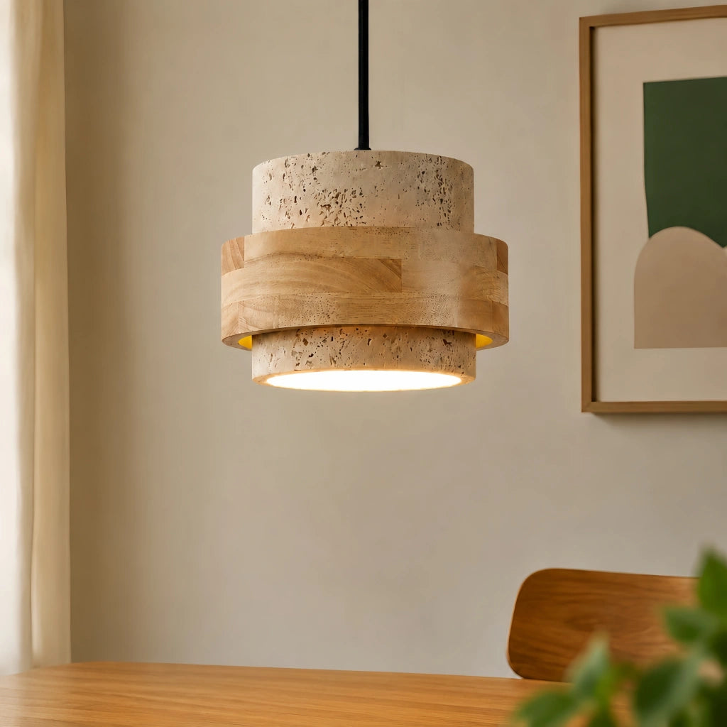 Close-up of the single natural wood and travertine pendant showcasing its organic materials