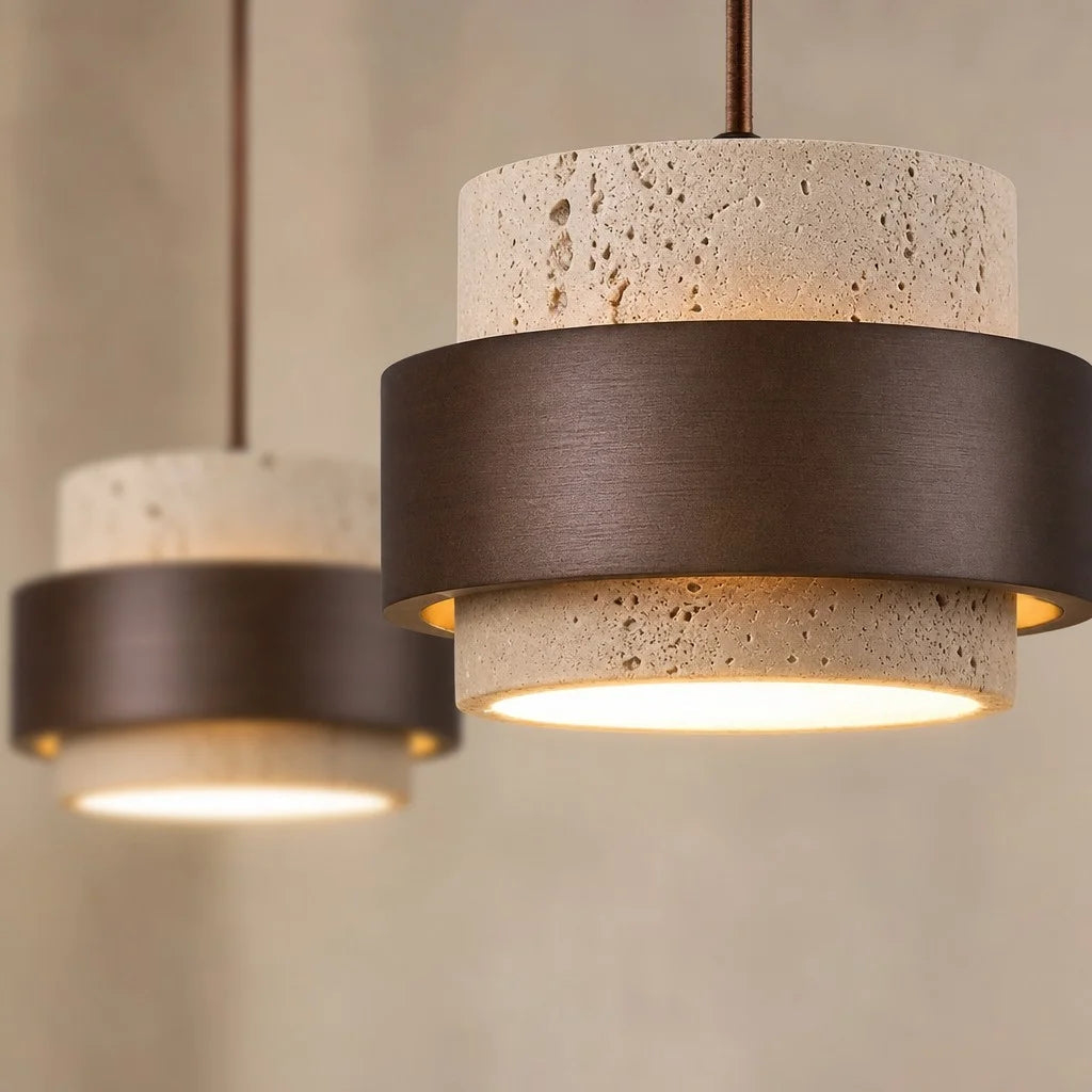 Close-up of the natural porous texture on the Japandi travertine stone pendant lamps