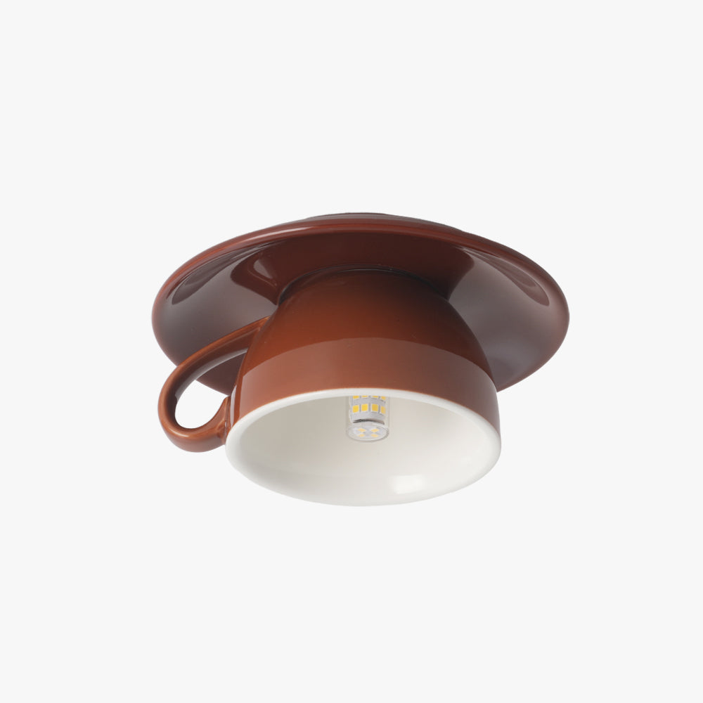 Coffee brown ceramic teacup ceiling lamp bringing a warm, authentic café vibe to the room