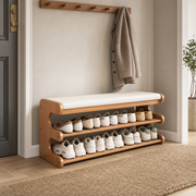 Colne cushioned storage bench, 3-tier bamboo shoe rack, product photo 1