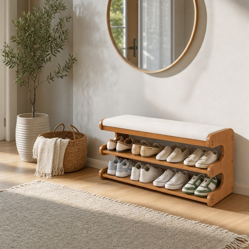 Colne cushioned storage bench, 3-tier bamboo shoe rack, product photo 2