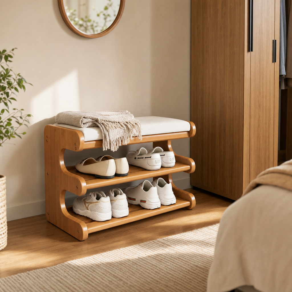 Colne cushioned storage bench, 3-tier bamboo shoe rack, product photo 3