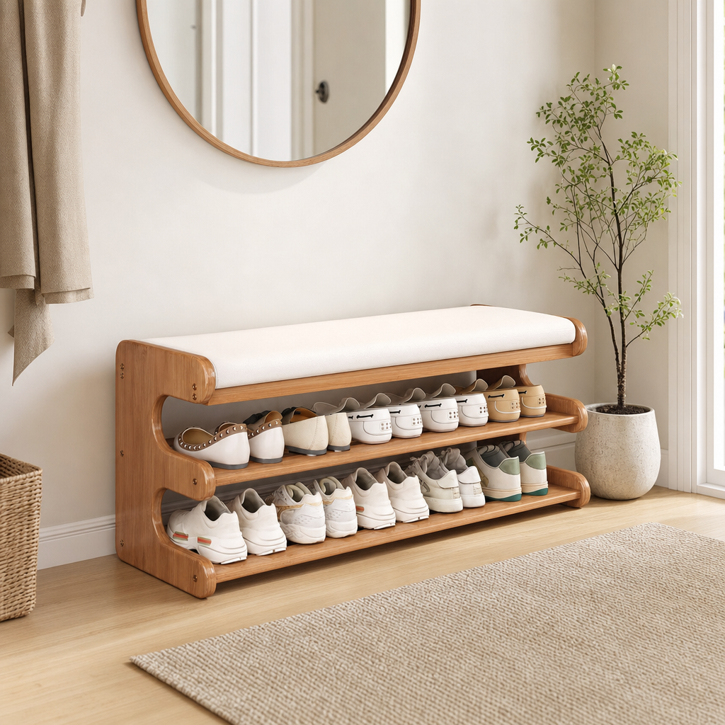 Colne cushioned storage bench, 3-tier bamboo shoe rack, product photo 4