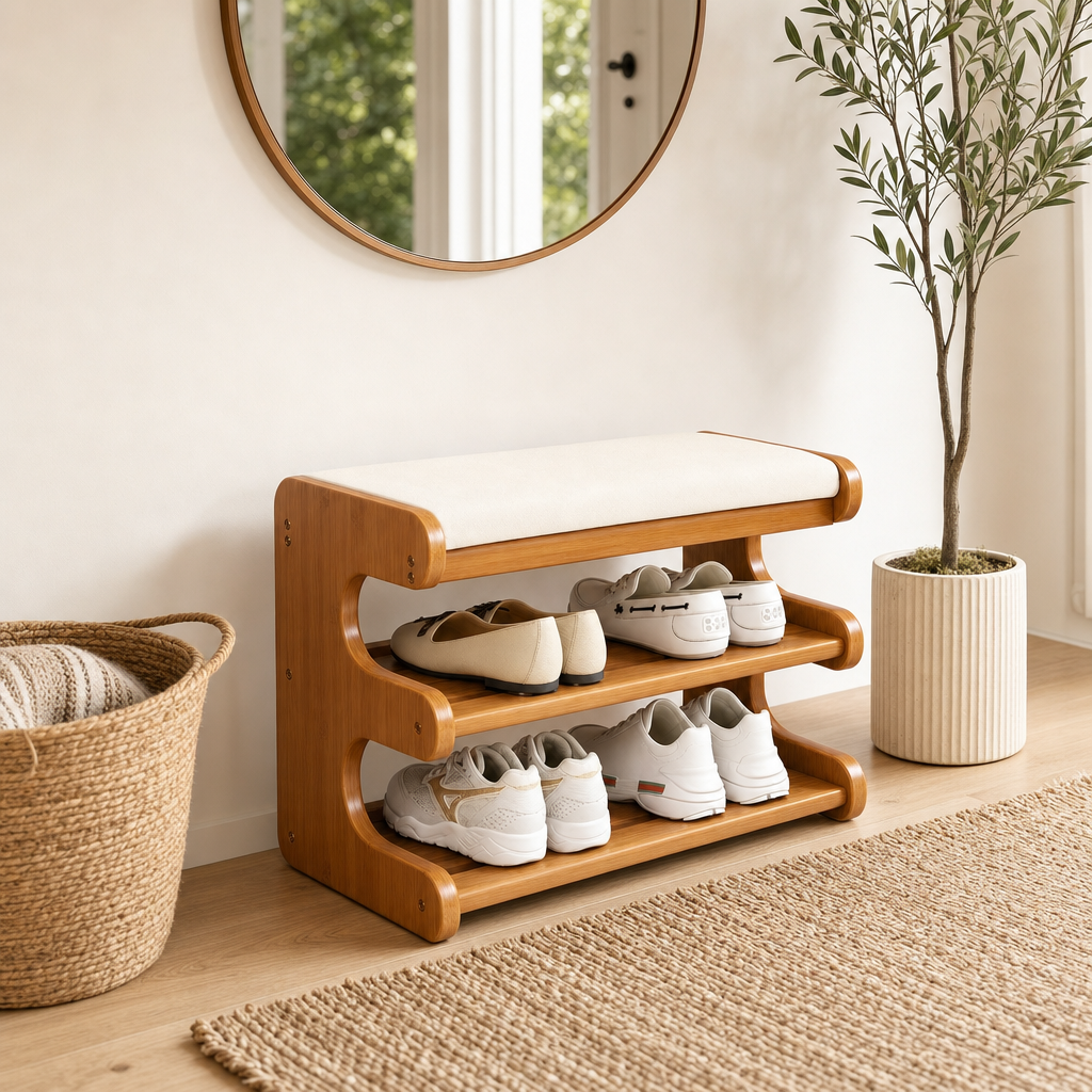 Colne cushioned storage bench, 3-tier bamboo shoe rack, product photo 5