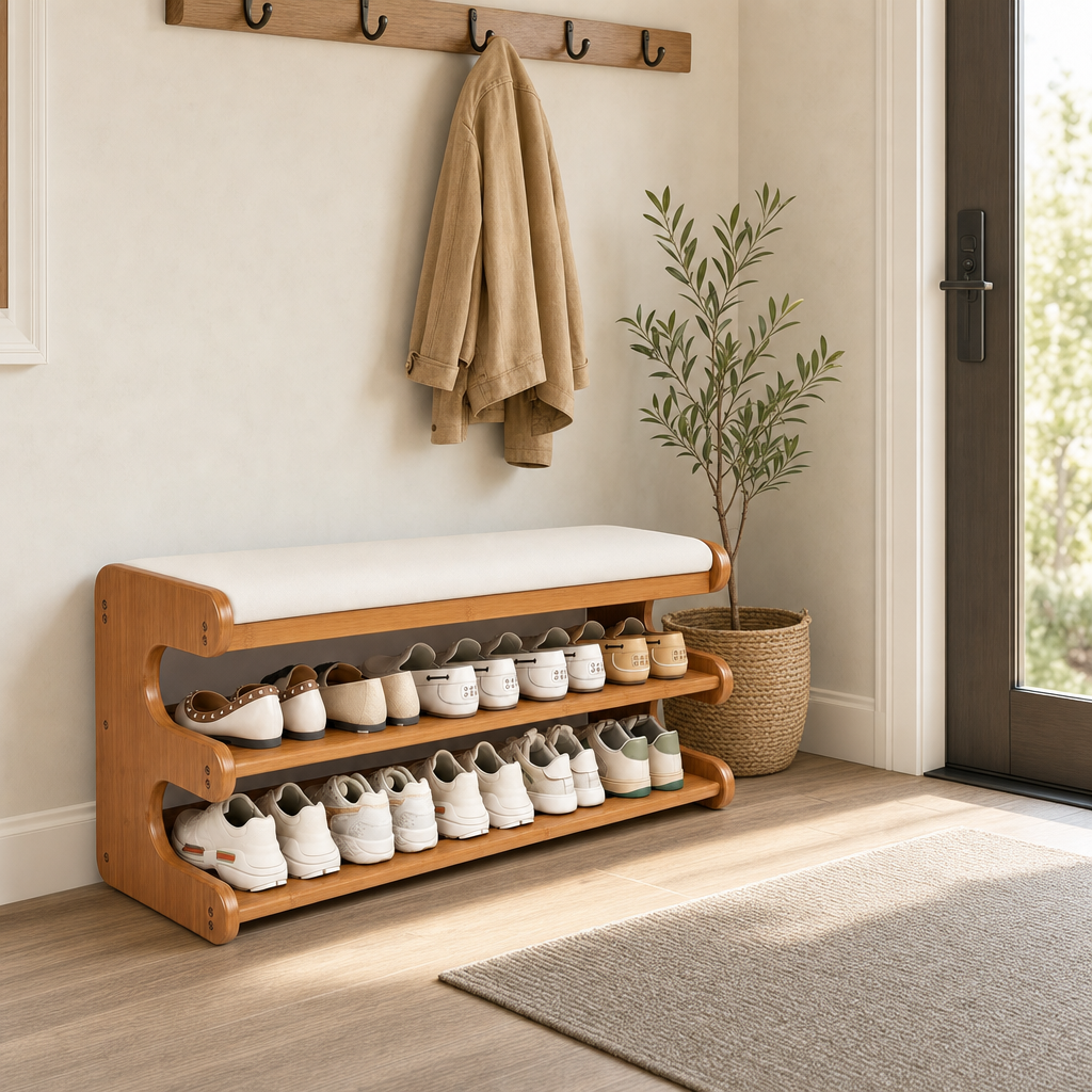 Colne cushioned storage bench, 3-tier bamboo shoe rack, product photo 6