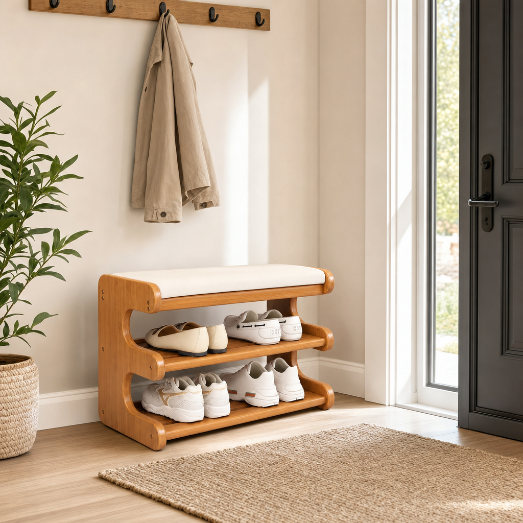 Colne cushioned storage bench, 3-tier bamboo shoe rack, product photo 7