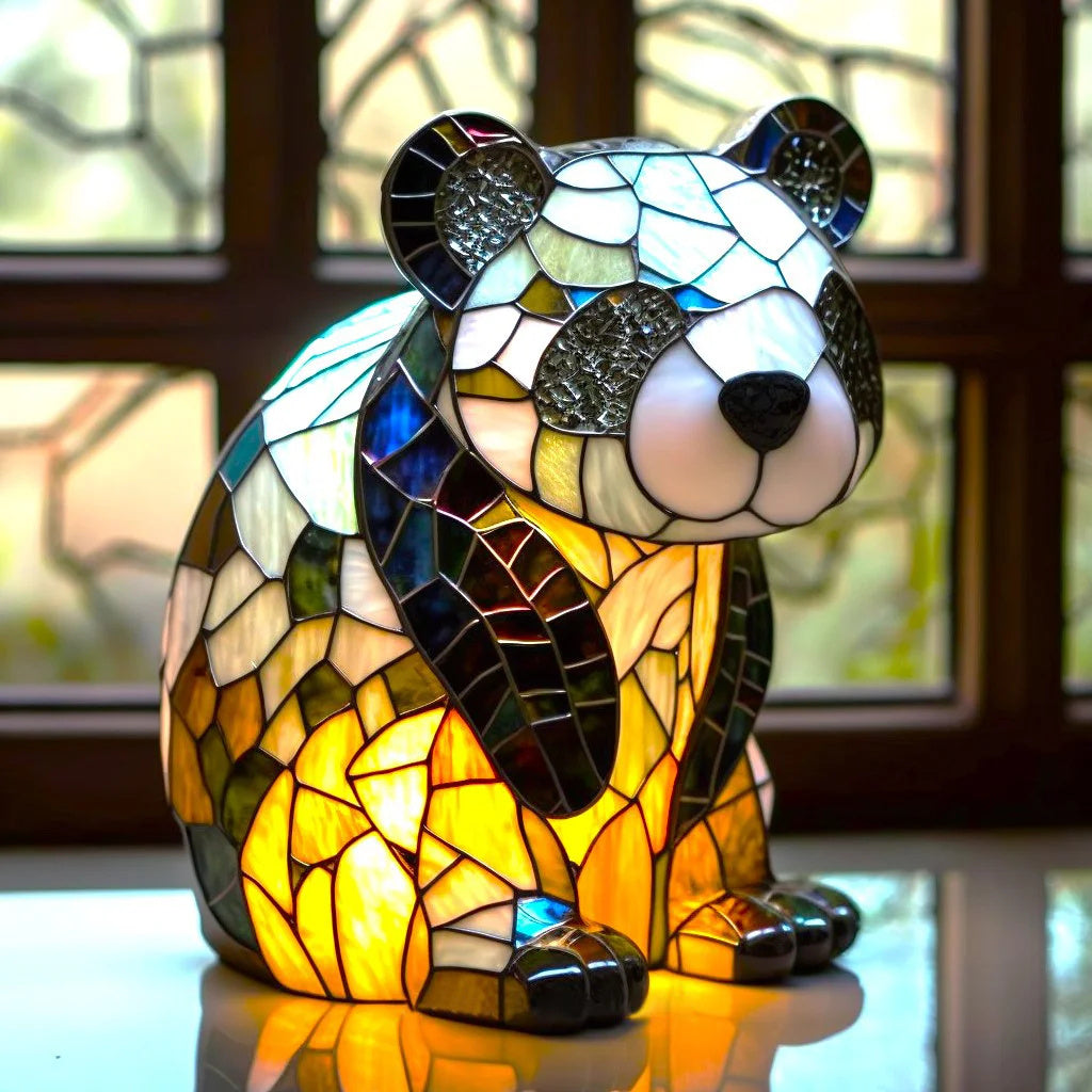 Colourful panda resin table sculpture illuminated from within
