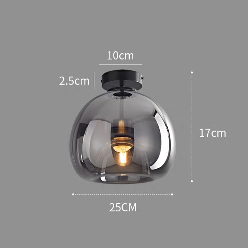 Dimensions guide for the compact 17cm tall smoke grey retro glass globe flush mount