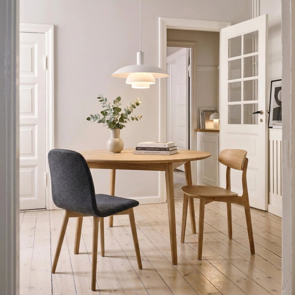 A round light oak dining table with pendant light hanging above it. There is two chairs in a bright, modern dining room. One chair has a dark grey upholstered seat and back, while the other is a matching light oak wood chair.