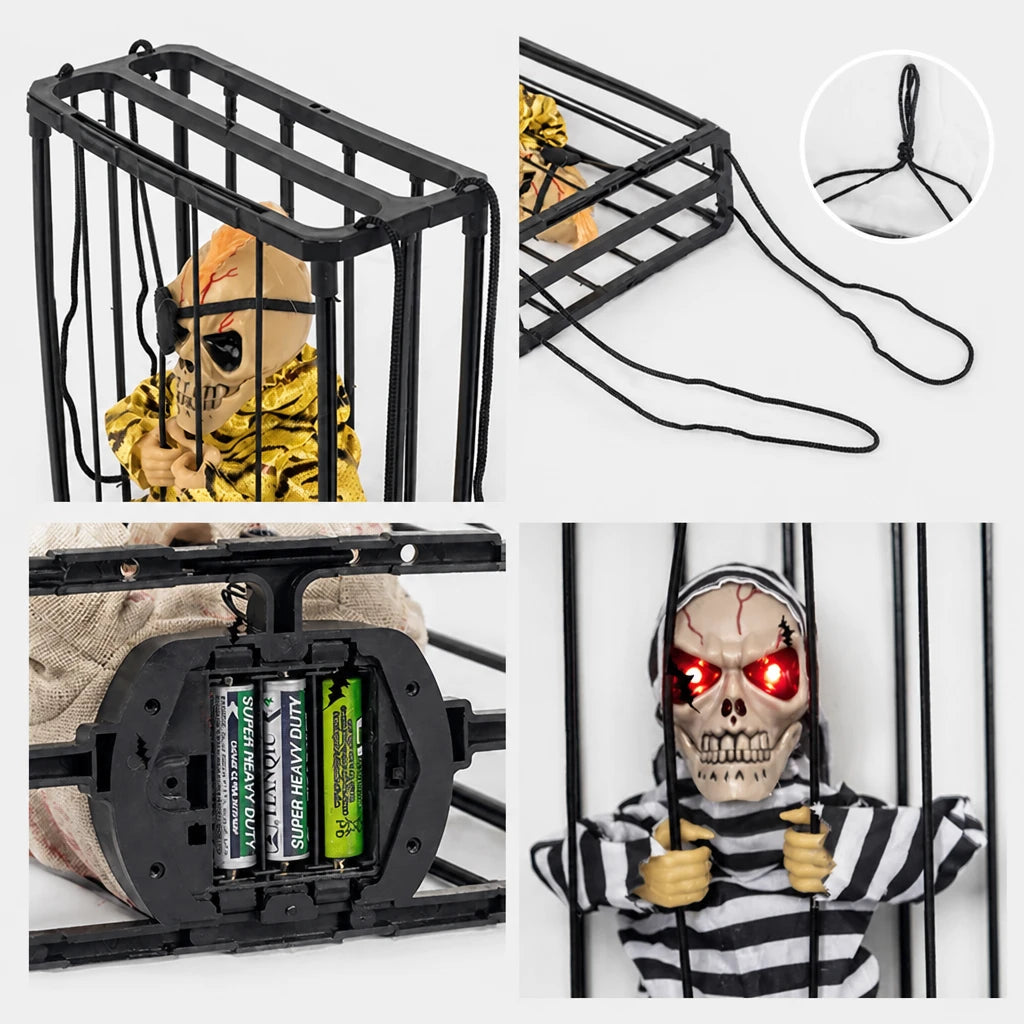Croakley caged skeleton prop detail view showing battery compartment and hanging cord