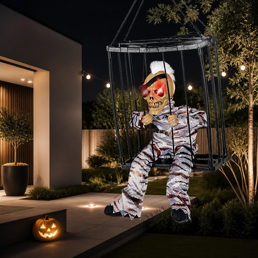 Croakley caged skeleton prop hanging in a modern British garden at night with string lighting