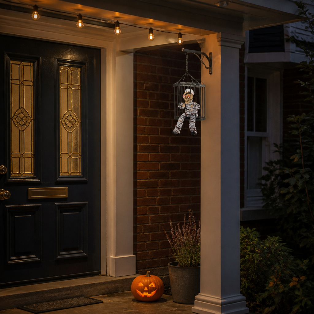 Croakley caged skeleton prop hanging at true small scale in the right corner of a British porch entrance, 10cm size