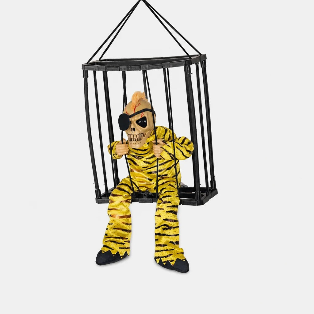 Croakley caged skeleton prop in tiger-stripe pirate costume design, alternate view, on a plain studio background